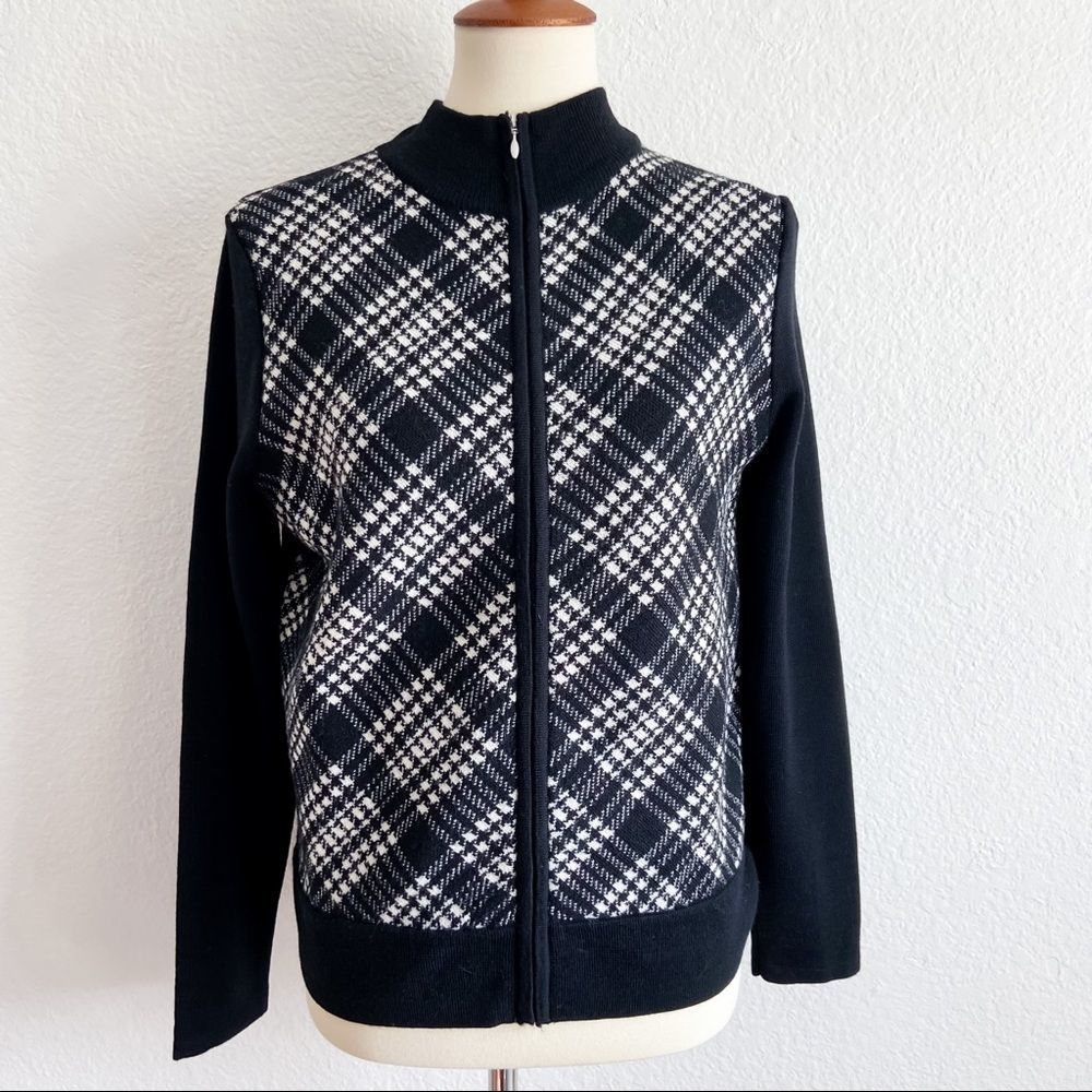 Pendleton merino wool zip up cardigan sweater black white plaid small